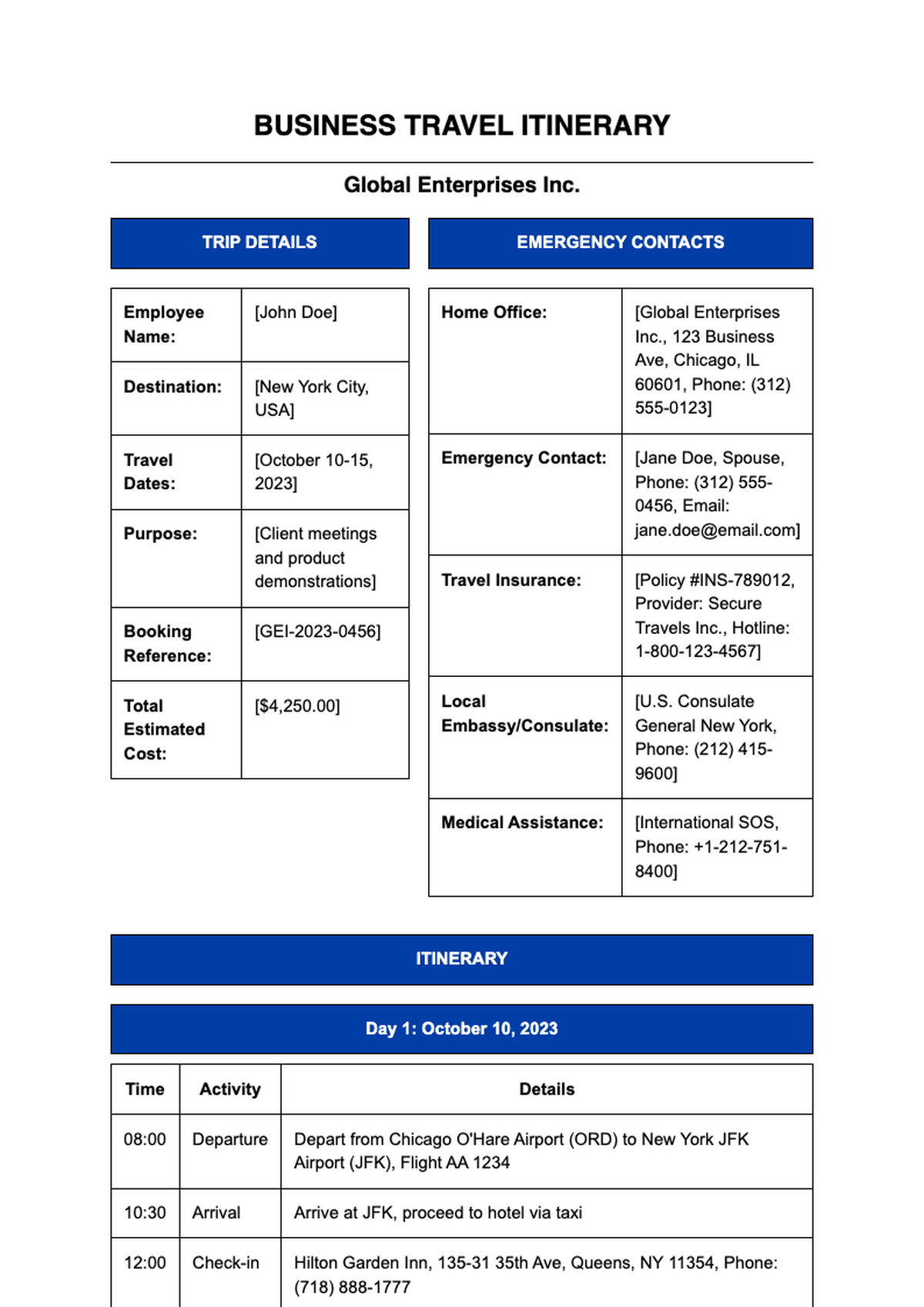 Business travel itinerary template with trip details and emergency contacts_variant_3